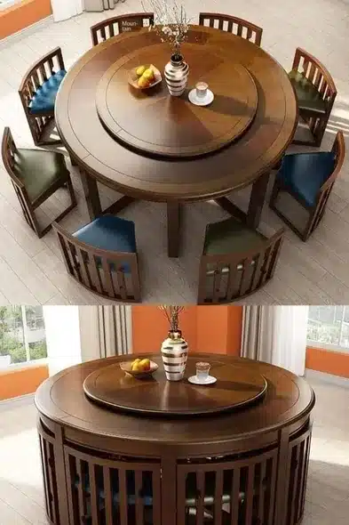 Space-Saving Round Wooden Dining Table with Hidden Chairs &amp; Lazy Susan